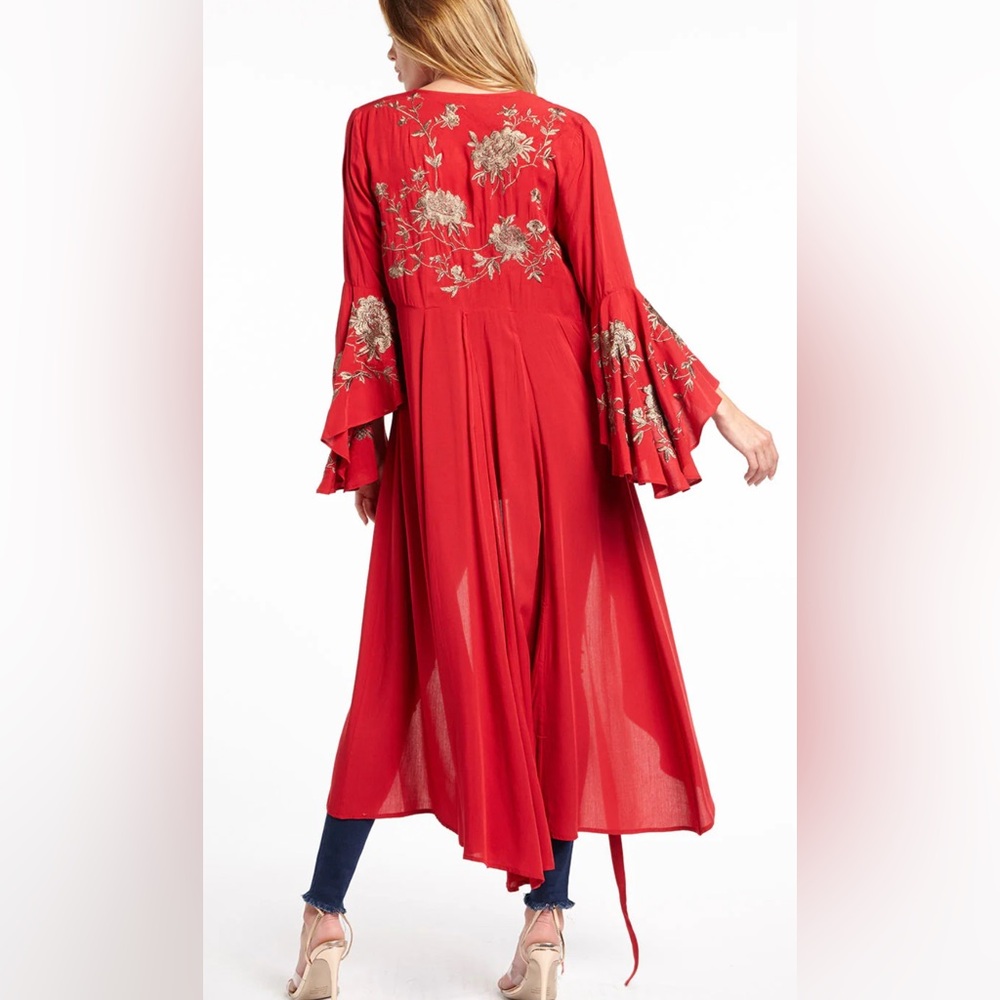 Aratta, Red Daisy May Embroidered Bell Sleeve Maxi Kimono, Size S | 0306